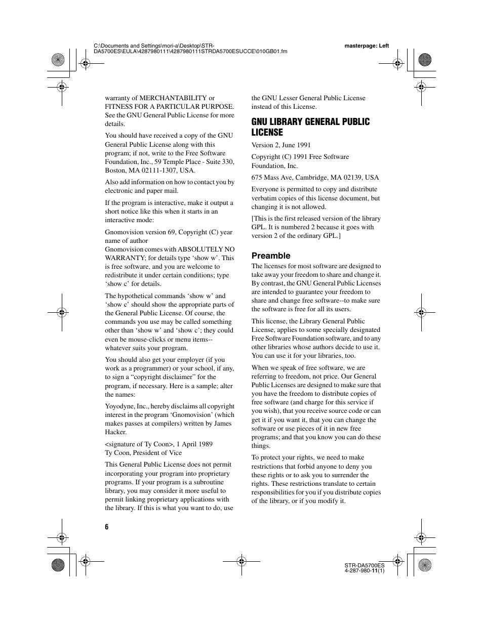 Gnu library general public license | Sony STR-DA3700ES User Manual | Page 6 / 64