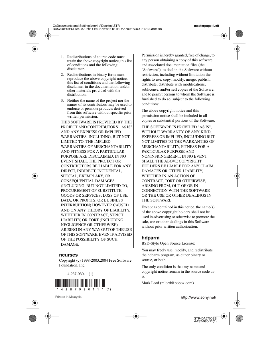 Ncurses, Hdparm | Sony STR-DA3700ES User Manual | Page 64 / 64