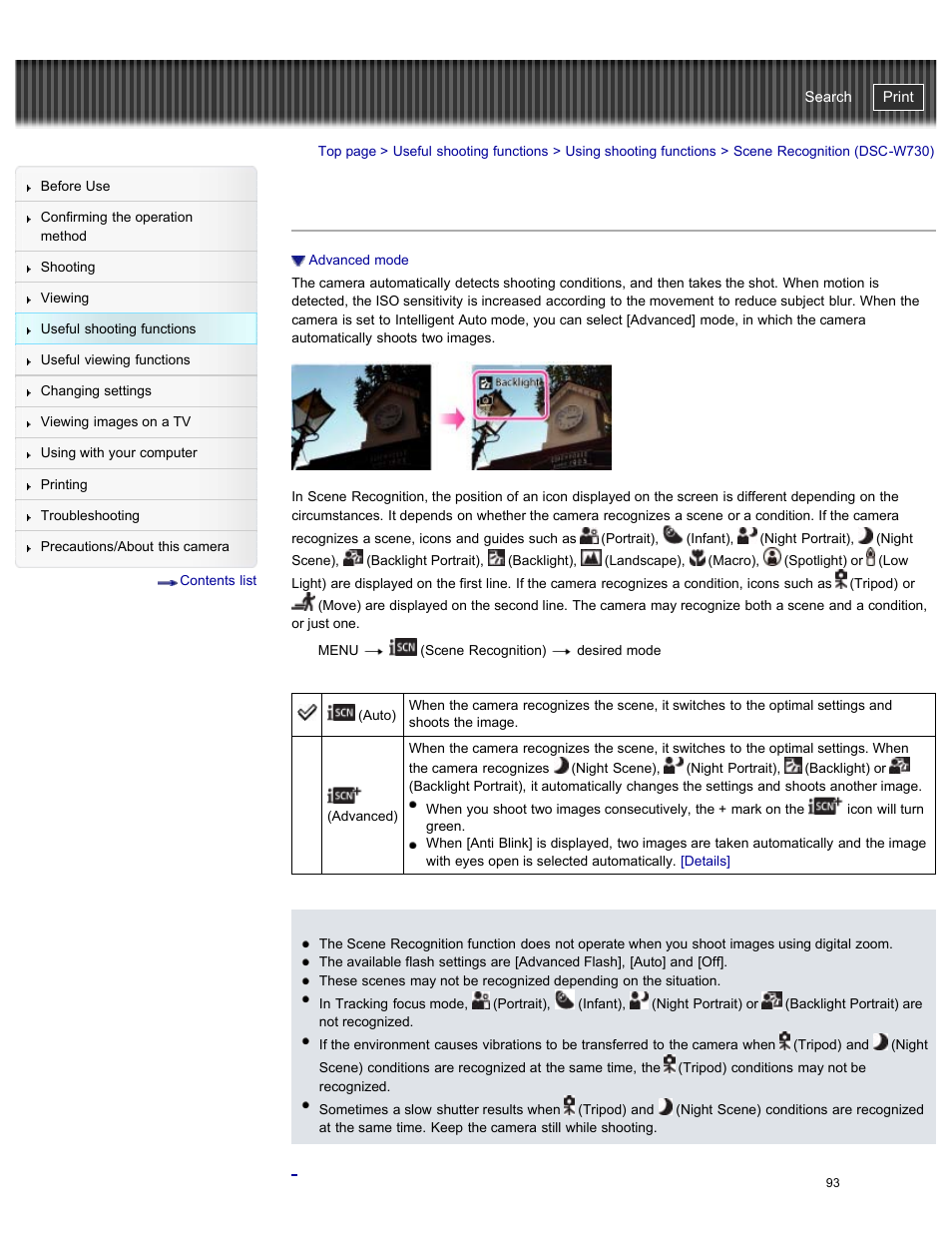 Scene recognition (dsc-w730), Details, Cyber-shot user guide | Sony DSC-W730 User Manual | Page 100 / 201