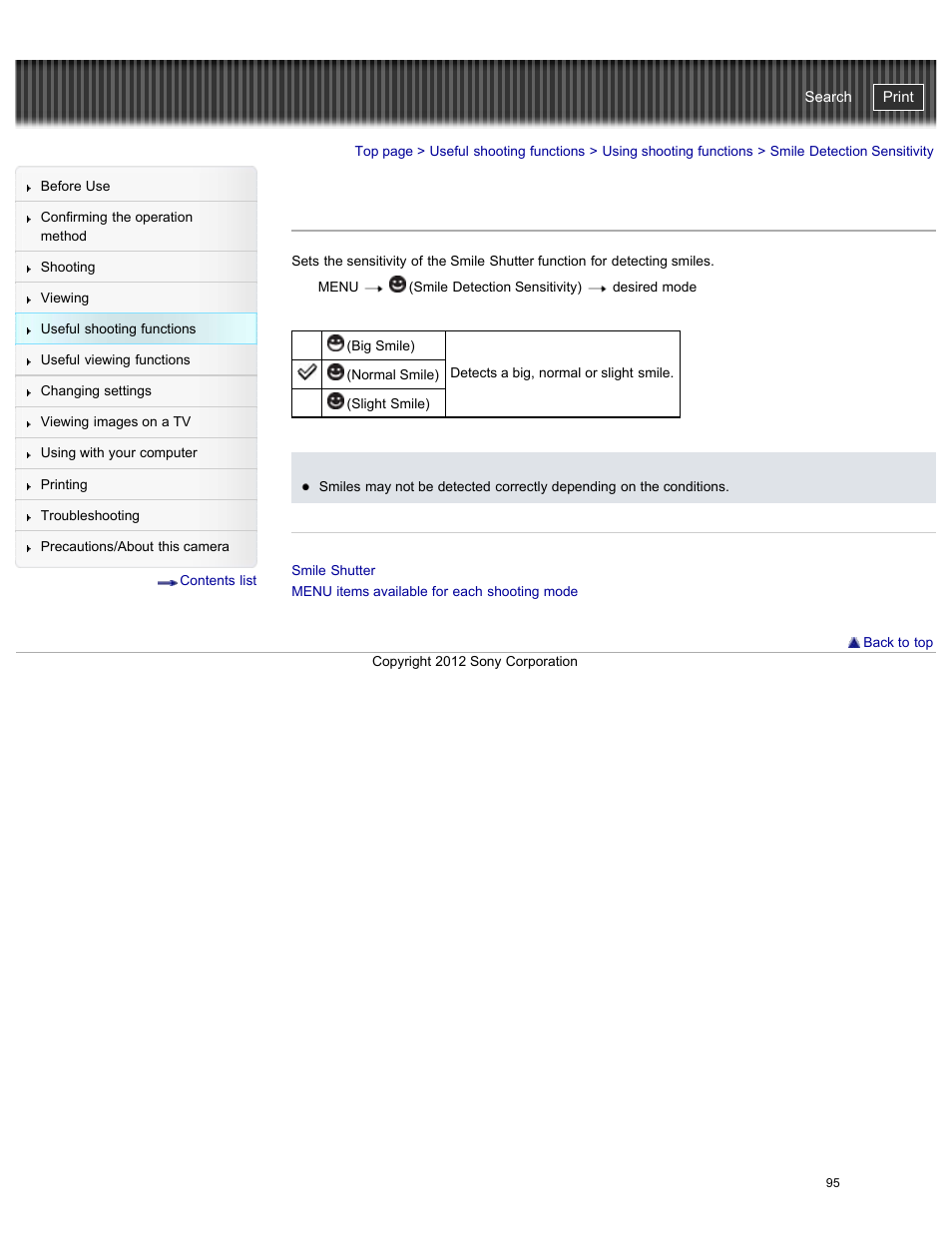 Smile detection sensitivitysets, Smile detection sensitivity, Cyber-shot user guide | Sony DSC-W730 User Manual | Page 102 / 201