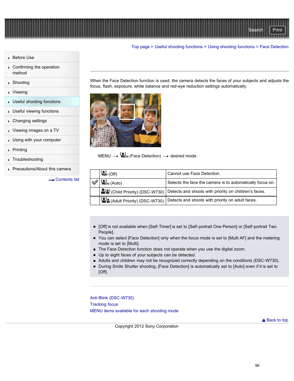 Face detection, Details, Cyber-shot user guide | Sony DSC-W730 User Manual | Page 103 / 201