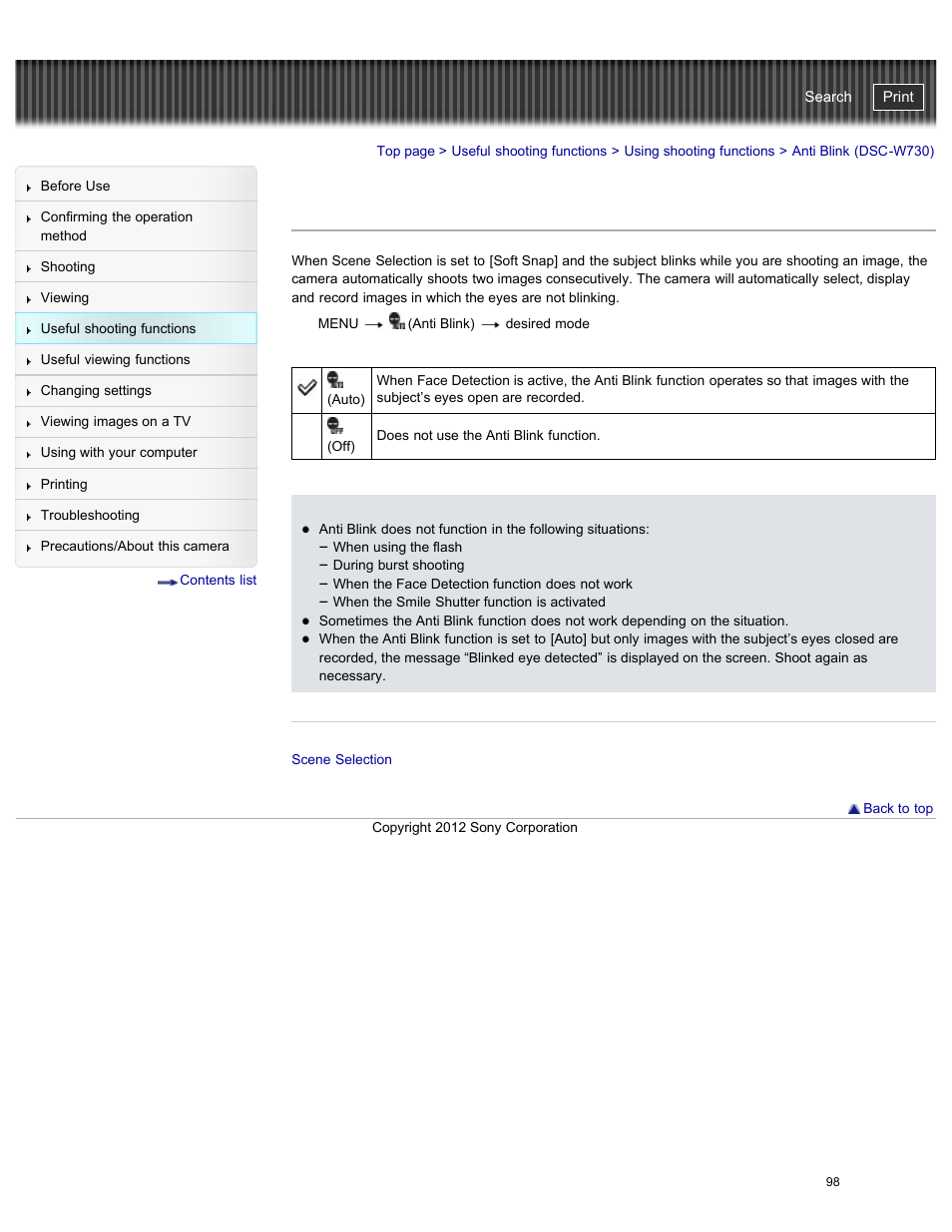 Anti blink (dsc-w730), Cyber-shot user guide | Sony DSC-W730 User Manual | Page 105 / 201