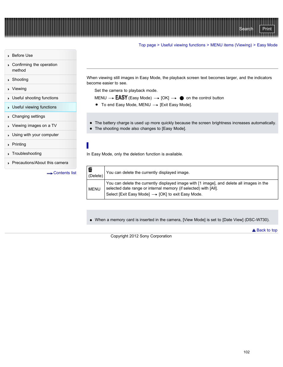 Easy mode, Cyber-shot user guide | Sony DSC-W730 User Manual | Page 109 / 201