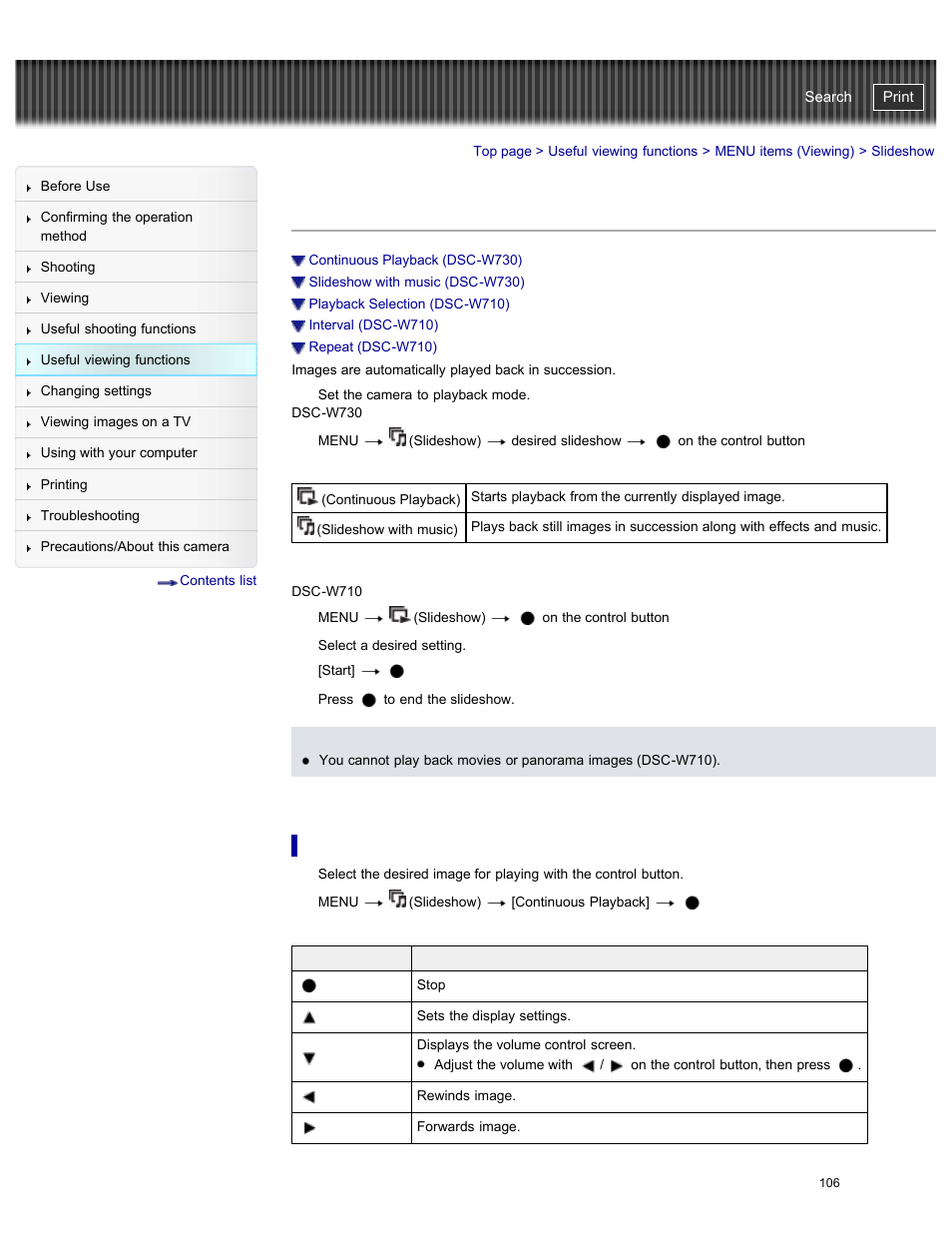 Slideshow, Continuous playback (dsc-w730), Cyber-shot user guide | Sony DSC-W730 User Manual | Page 113 / 201