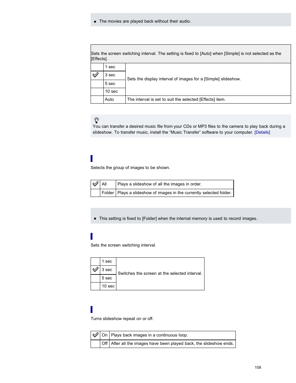 Playback selection (dsc-w710), Interval (dsc-w710), Repeat (dsc-w710) | Sony DSC-W730 User Manual | Page 115 / 201