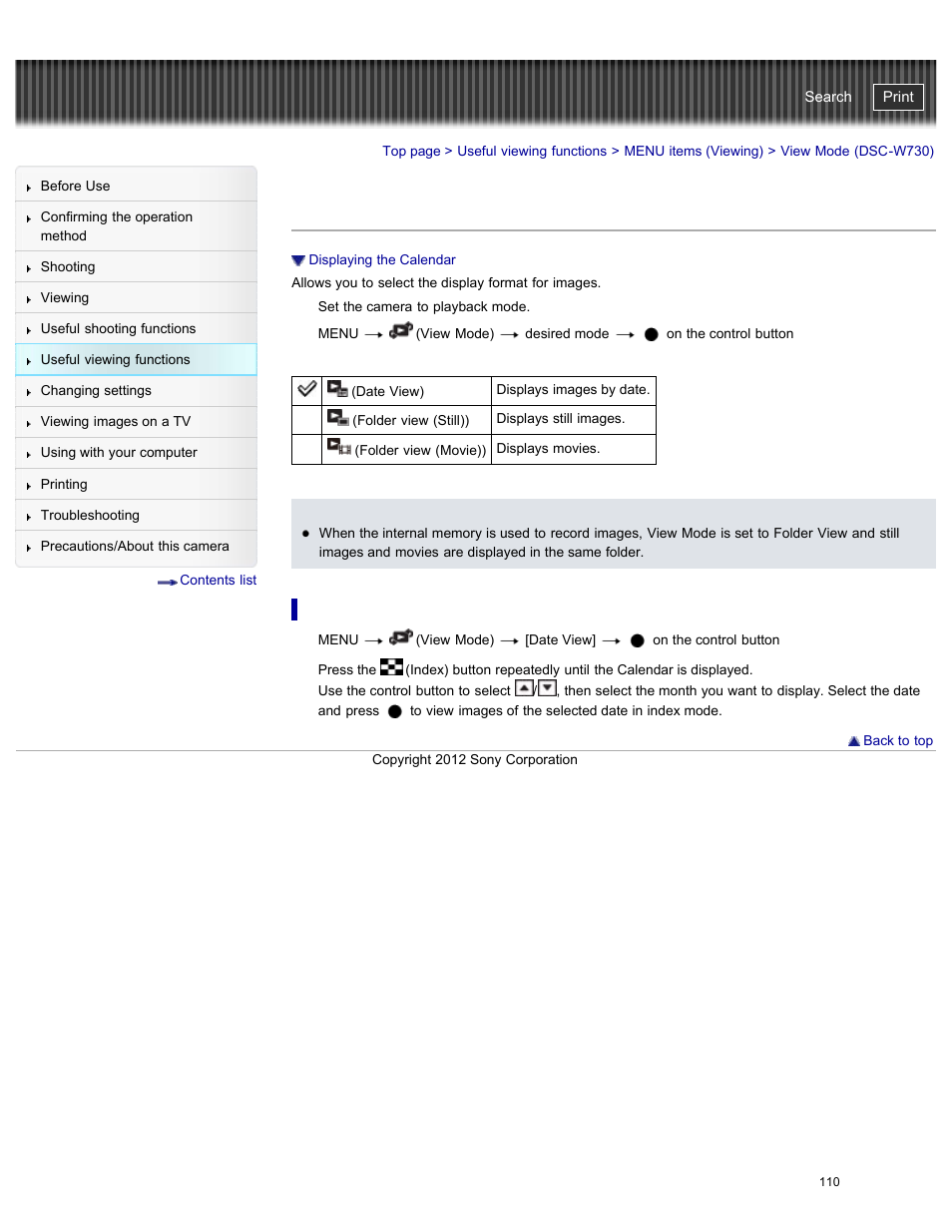 View mode (dsc-w730), Displaying the calendar, Cyber-shot user guide | Sony DSC-W730 User Manual | Page 117 / 201