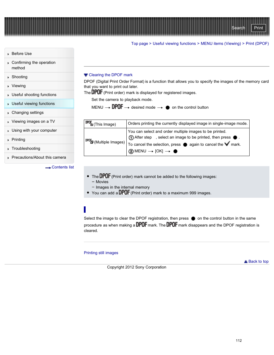 Print (dpof), Clearing the dpof mark, Cyber-shot user guide | Sony DSC-W730 User Manual | Page 119 / 201
