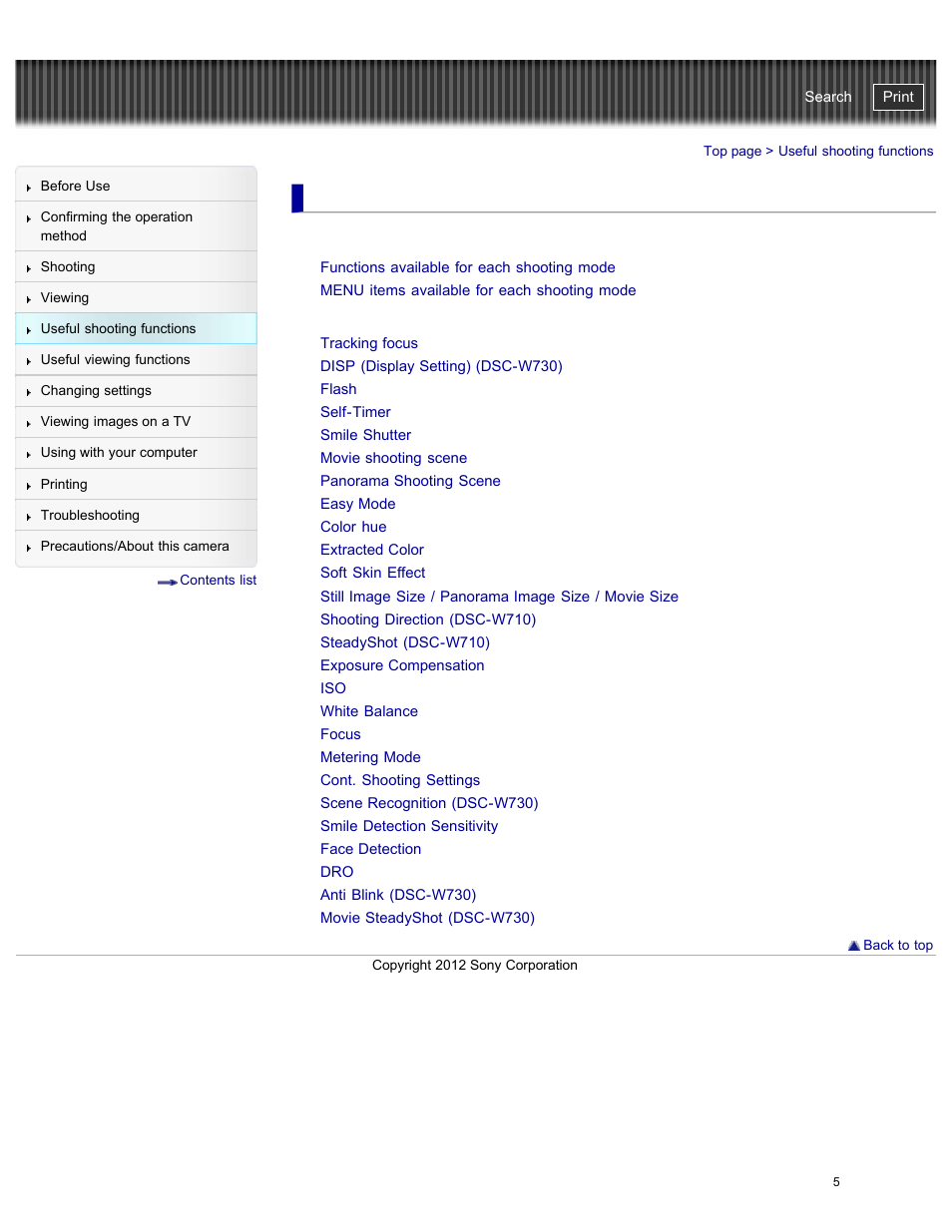 Useful shooting functions, Functions available for each shooting mode, Using shooting functions | Cyber-shot user guide | Sony DSC-W730 User Manual | Page 12 / 201