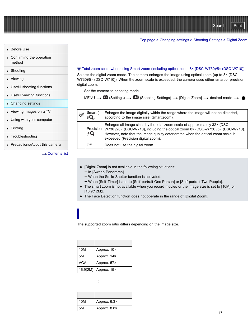 Digital zoom, Total zoom scale when using smart zoom (including, Optical zoom 8×(dsc-w730)/5× (dsc-w710)) | Details, Cyber-shot user guide | Sony DSC-W730 User Manual | Page 124 / 201