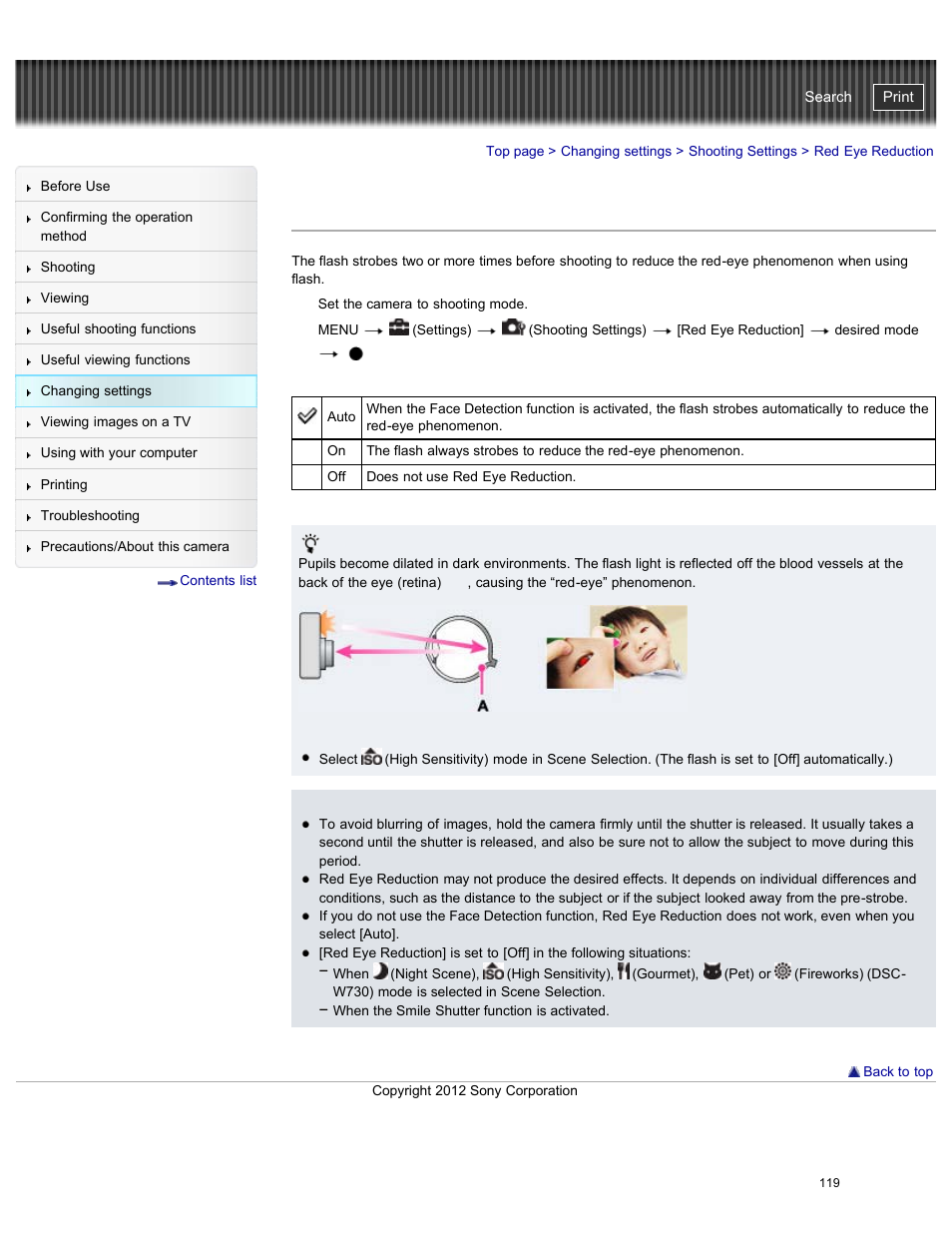 Red eye reduction, Cyber-shot user guide | Sony DSC-W730 User Manual | Page 126 / 201