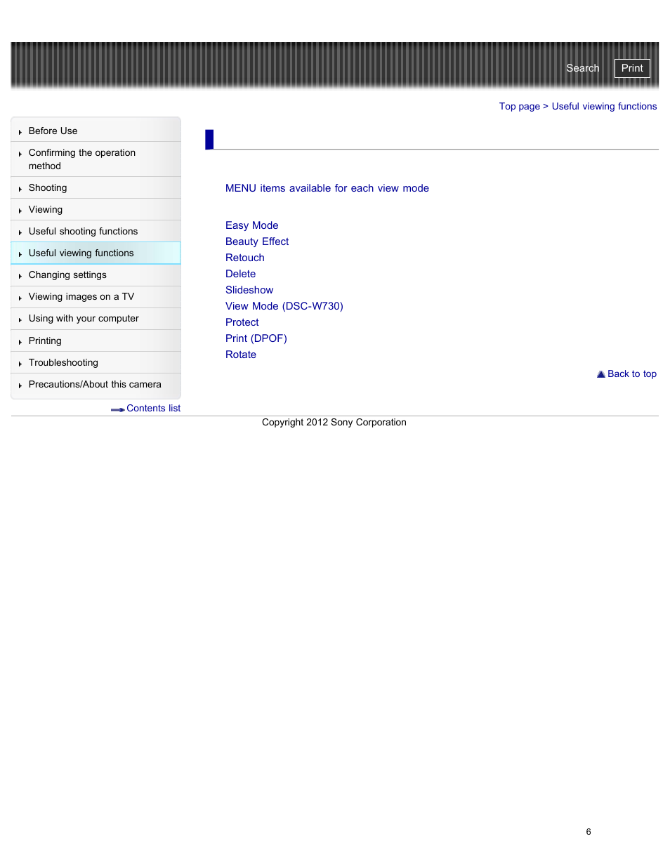 Useful viewing functions, Functions available for each view mode, Menu items (viewing) | Cyber-shot user guide | Sony DSC-W730 User Manual | Page 13 / 201