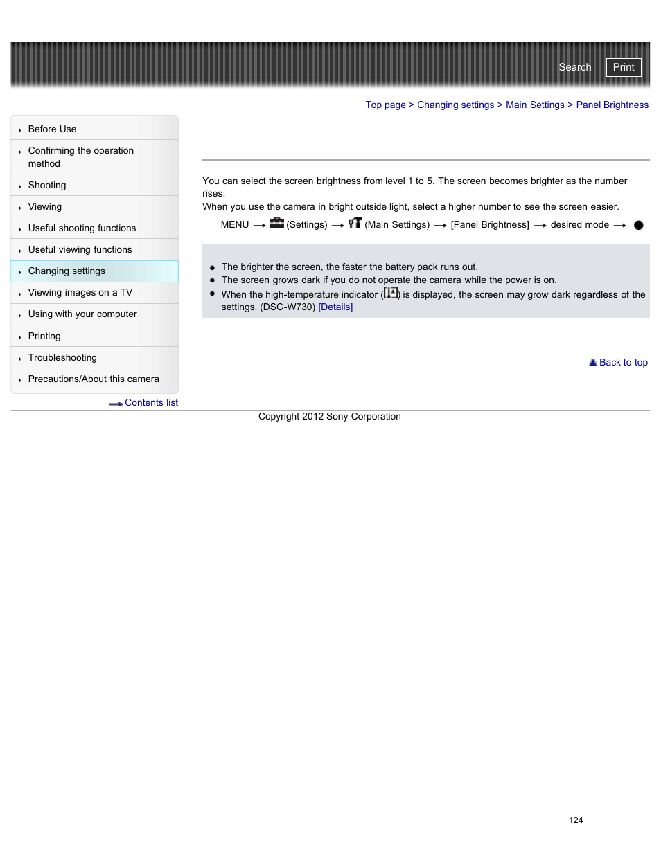 Panel brightness, Cyber-shot user guide | Sony DSC-W730 User Manual | Page 131 / 201