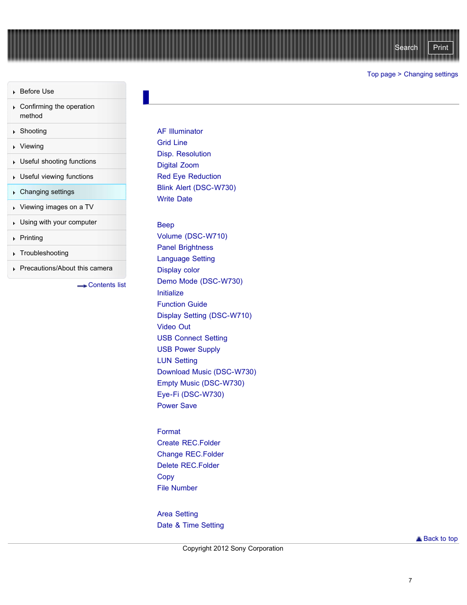 Changing settings, Shooting settings, Main settings | Memory card tool/internal memory tool, Clock settings, Cyber-shot user guide | Sony DSC-W730 User Manual | Page 14 / 201