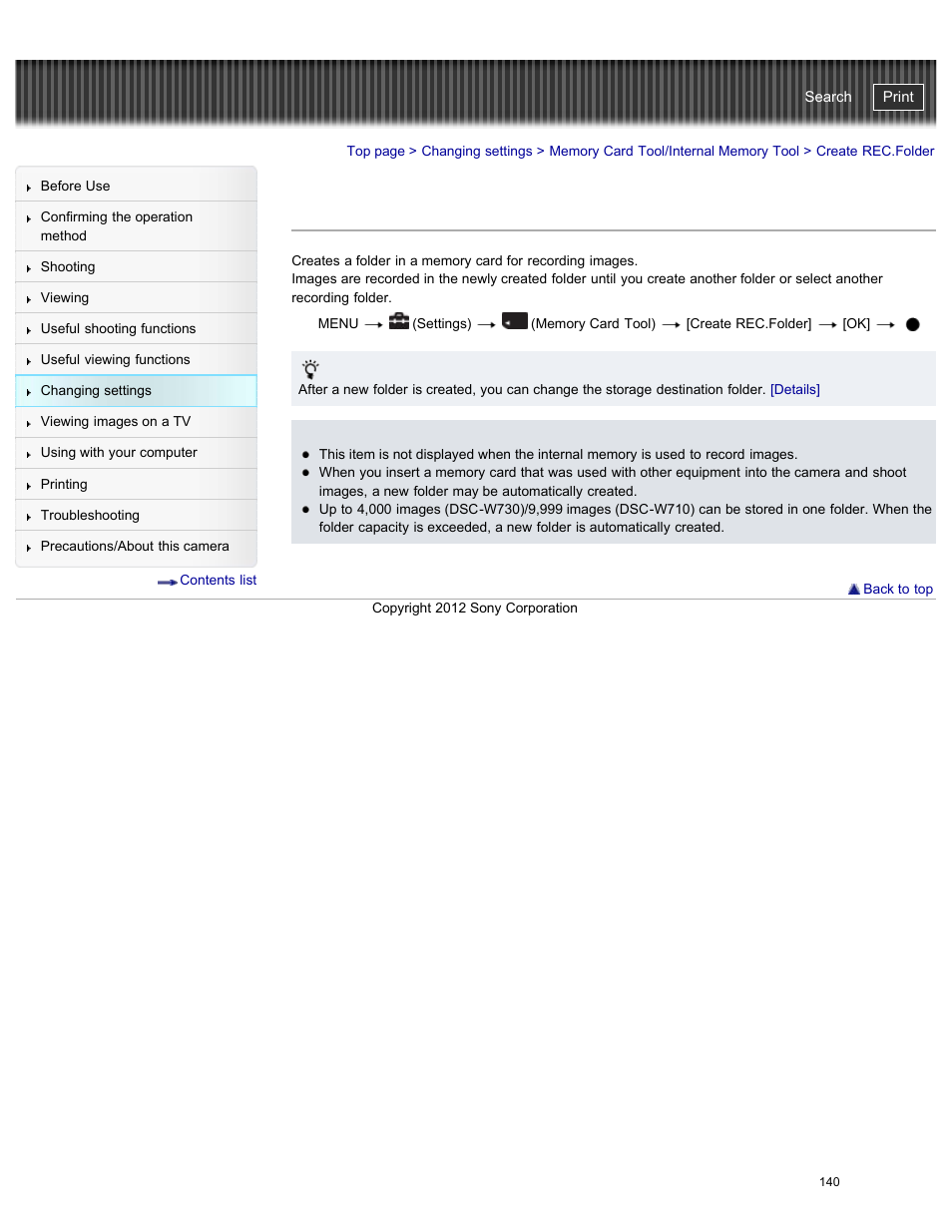 Create rec.folder, Cyber-shot user guide | Sony DSC-W730 User Manual | Page 147 / 201