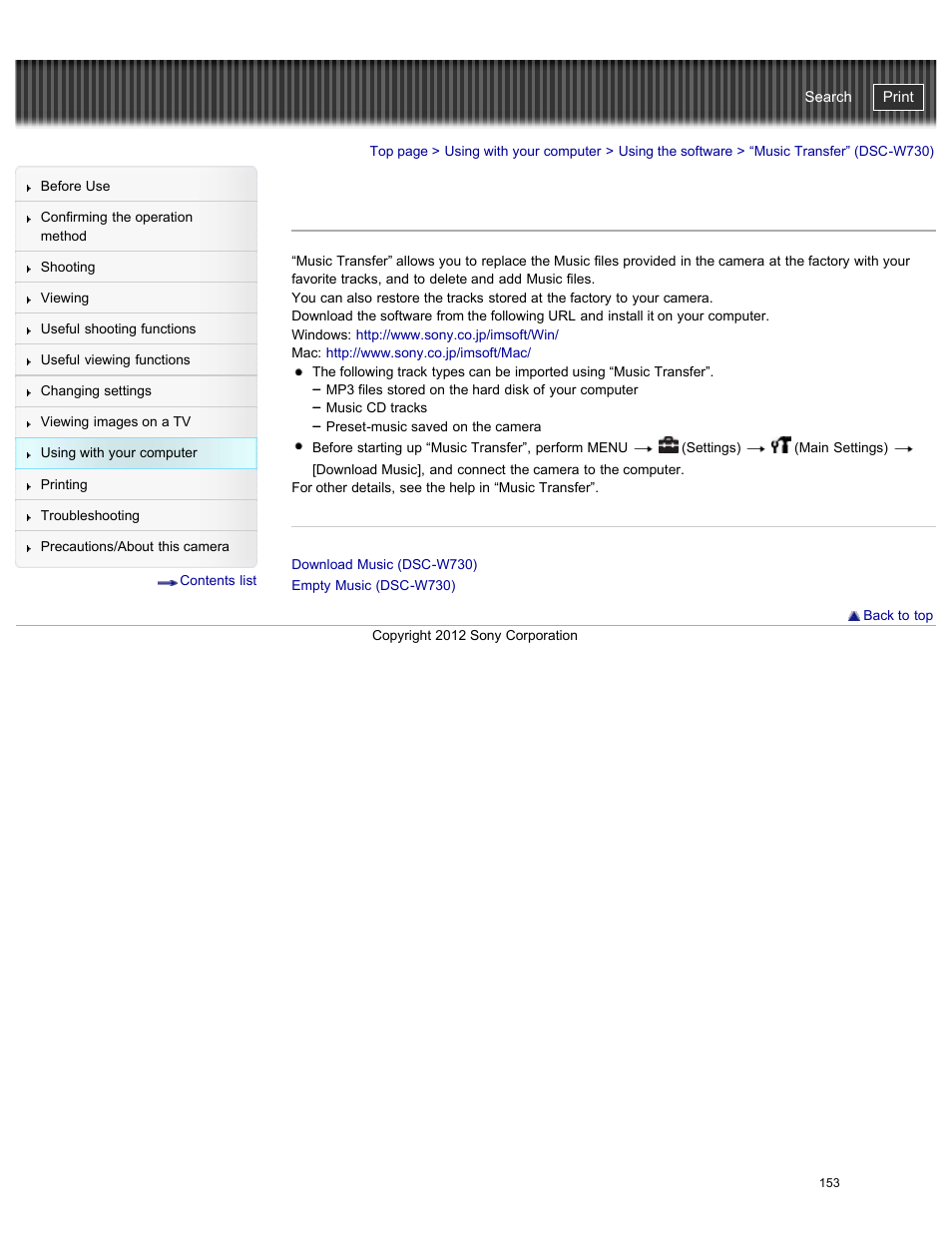 Music transfer” (dsc-w730), Cyber-shot user guide | Sony DSC-W730 User Manual | Page 160 / 201