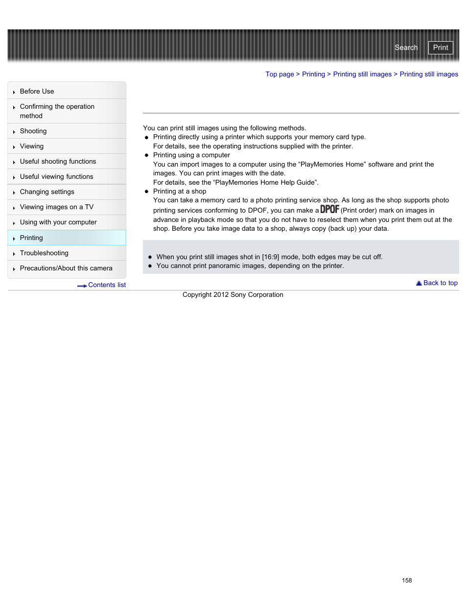 Printing still images, Cyber-shot user guide | Sony DSC-W730 User Manual | Page 165 / 201