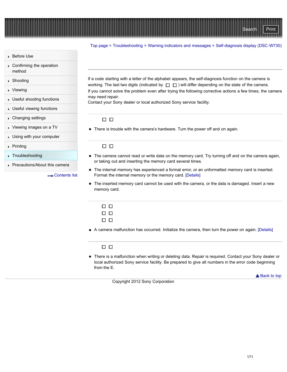 Self-diagnosis display (dsc-w730), Cyber-shot user guide | Sony DSC-W730 User Manual | Page 178 / 201