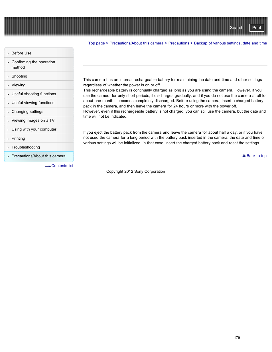 Backup of various settings, date and time, Cyber-shot user guide | Sony DSC-W730 User Manual | Page 186 / 201