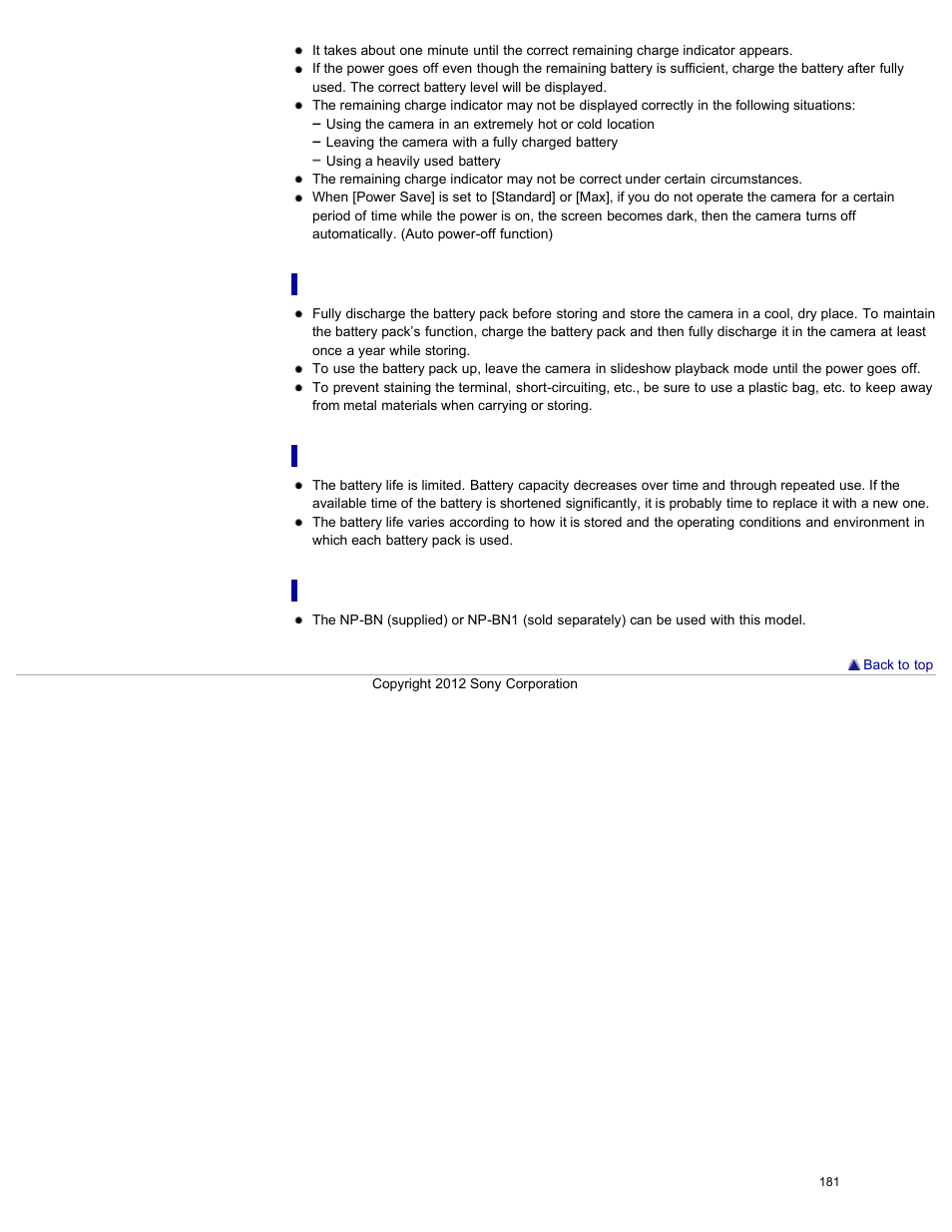 How to store the battery pack, On battery life, Compatible battery pack | Sony DSC-W730 User Manual | Page 188 / 201
