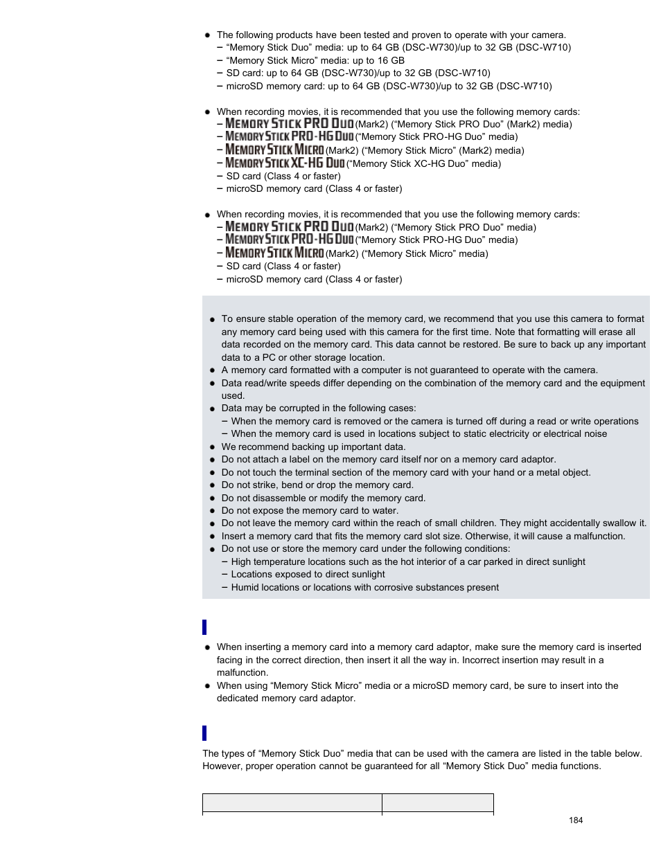 Memory stick” media | Sony DSC-W730 User Manual | Page 191 / 201