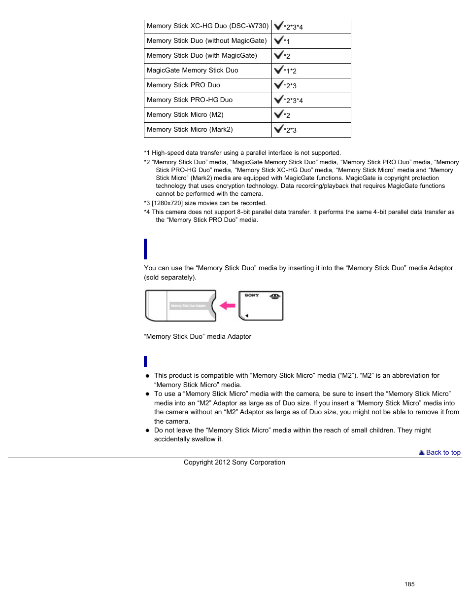 When using “memory stick duo” media with standard, Sized “memorystick” media slot, Notes on using “memory stick micro” media (sold | Separately) | Sony DSC-W730 User Manual | Page 192 / 201