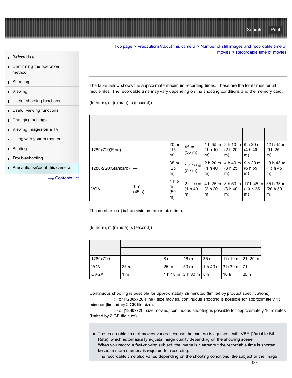Recordable time of movies, Cyber-shot user guide | Sony DSC-W730 User Manual | Page 195 / 201