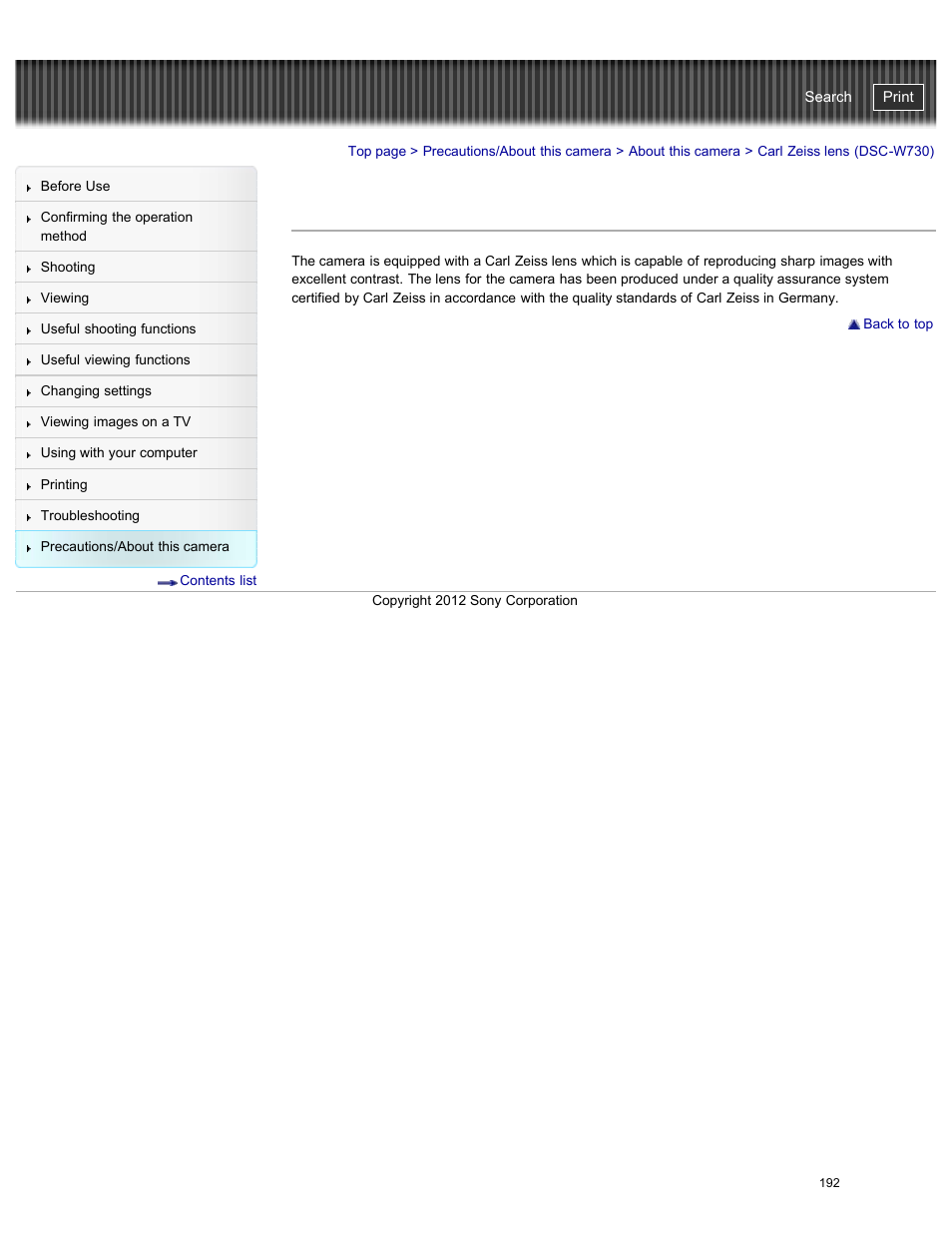 Carl zeiss lens (dsc-w730), Cyber-shot user guide | Sony DSC-W730 User Manual | Page 199 / 201
