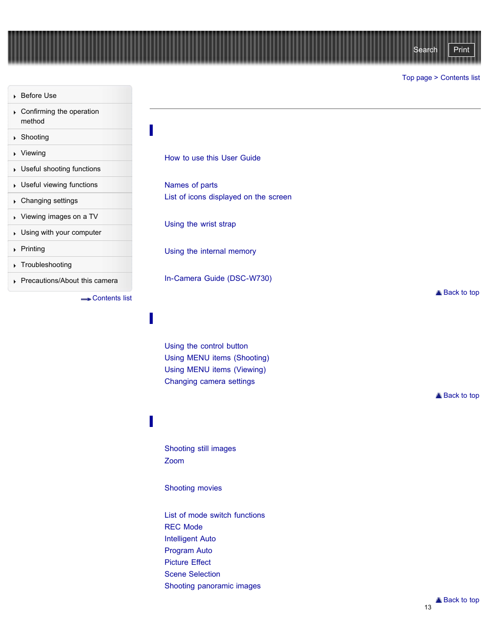 Contents list | Sony DSC-W730 User Manual | Page 20 / 201