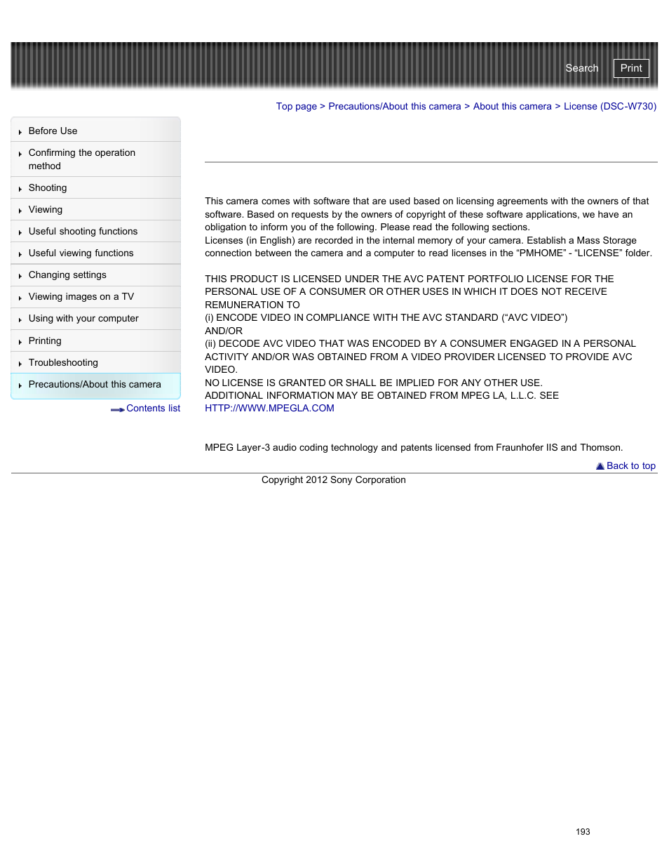 License (dsc-w730), Cyber-shot user guide | Sony DSC-W730 User Manual | Page 200 / 201