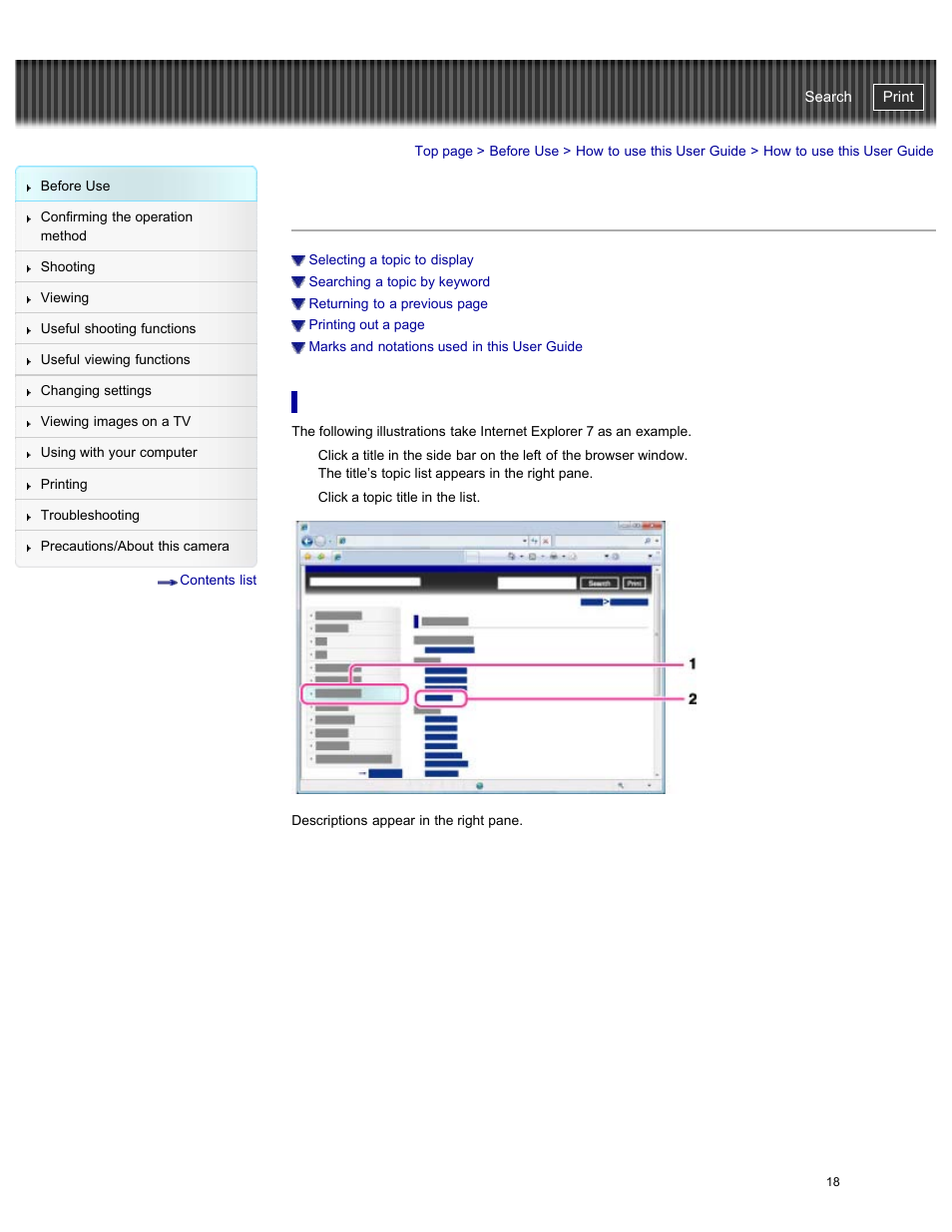 How to use this user guide, Selecting a topic to display, Cyber-shot user guide | Sony DSC-W730 User Manual | Page 25 / 201
