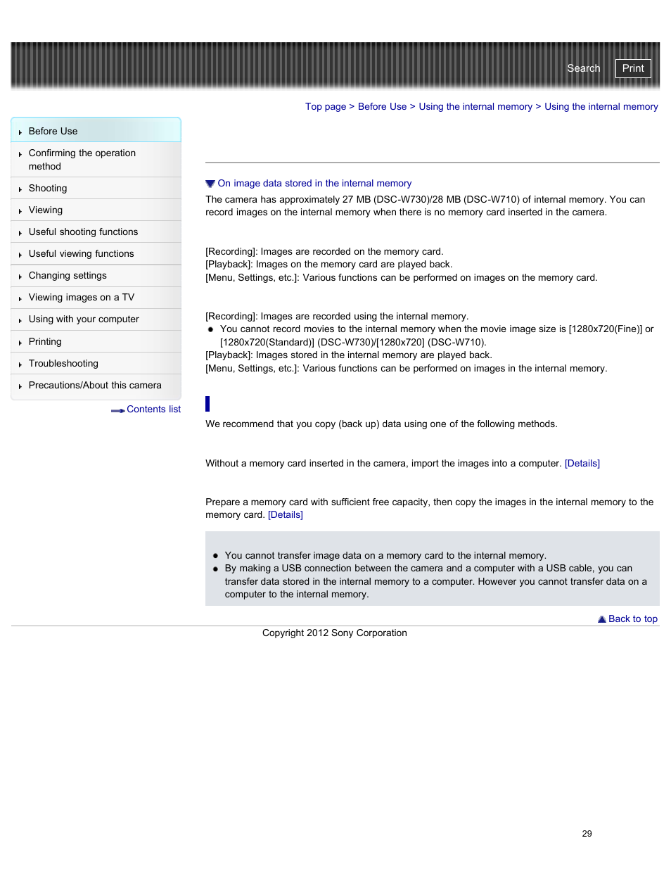 Using the internal memory, On image data stored in the internal memory | Sony DSC-W730 User Manual | Page 36 / 201