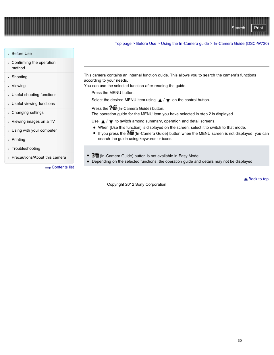 In-camera guide (dsc-w730), Cyber-shot user guide | Sony DSC-W730 User Manual | Page 37 / 201