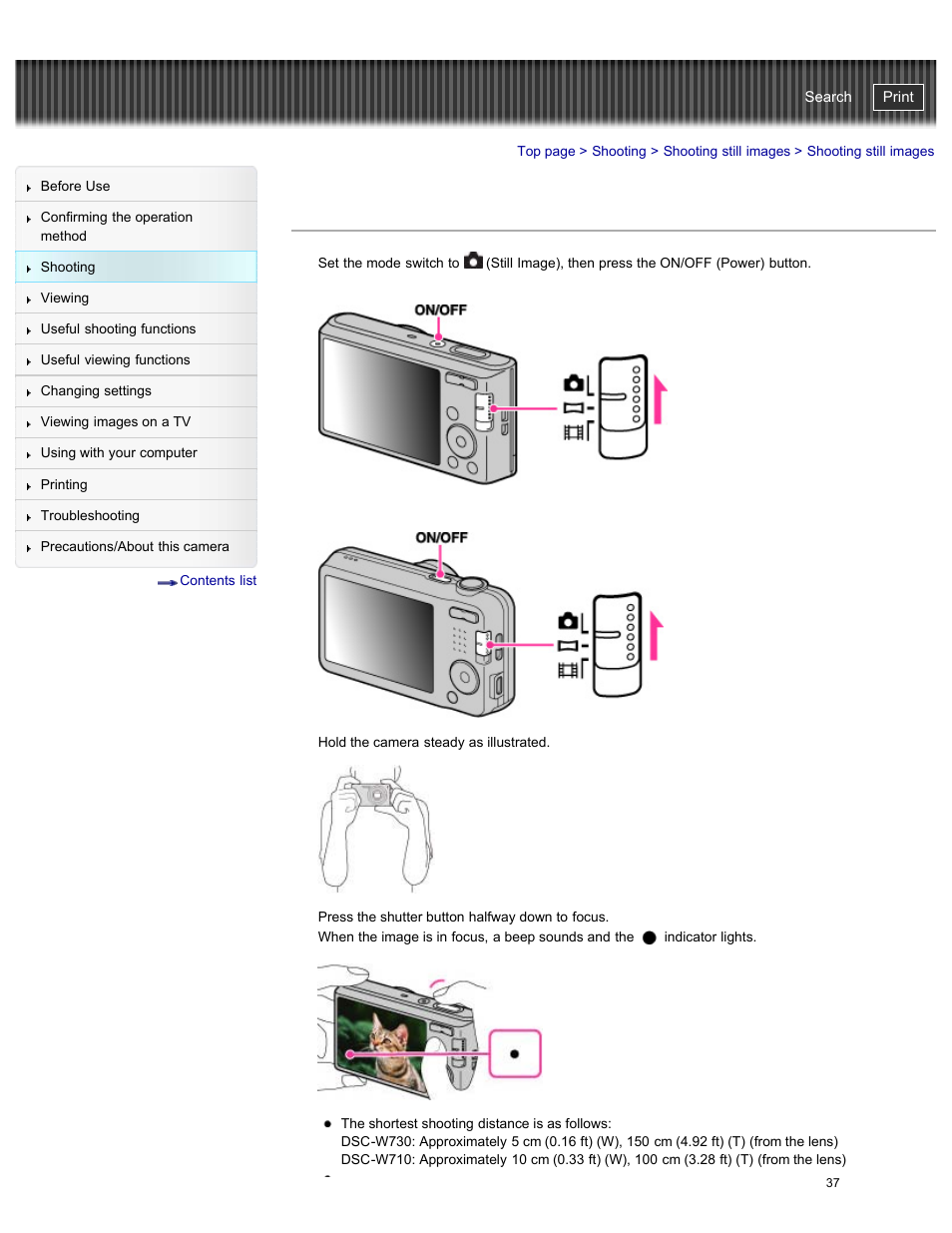 Shooting still images, Cyber-shot user guide | Sony DSC-W730 User Manual | Page 44 / 201