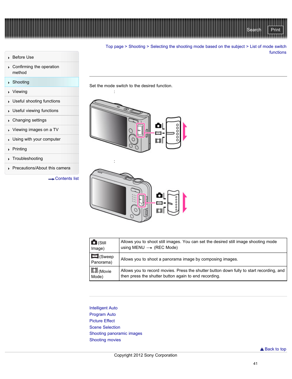 List of mode switch functions, Cyber-shot user guide | Sony DSC-W730 User Manual | Page 48 / 201
