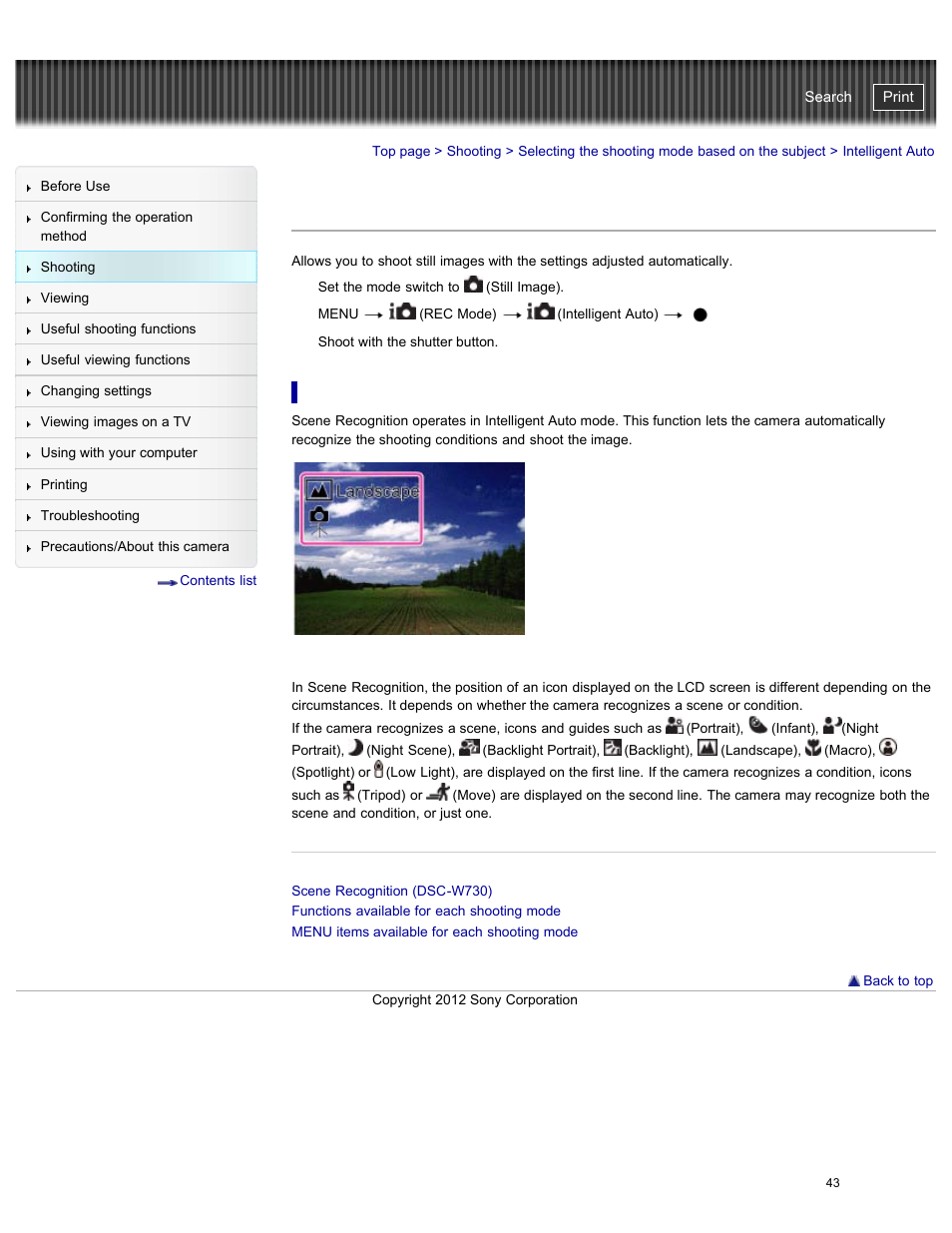 Intelligent auto, Scene recognition, Details | Cyber-shot user guide | Sony DSC-W730 User Manual | Page 50 / 201