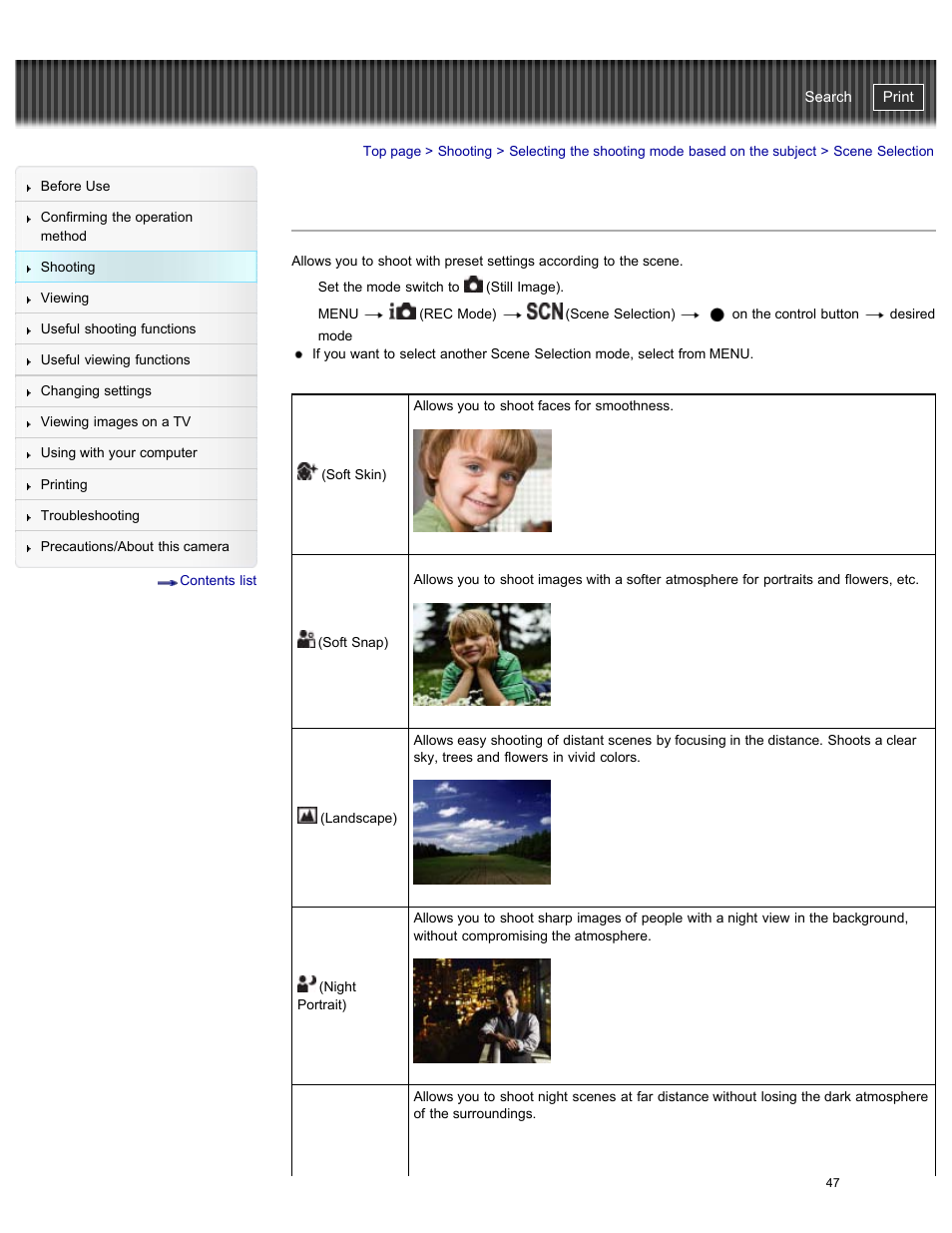 Scene selection, Details, Cyber-shot user guide | Sony DSC-W730 User Manual | Page 54 / 201