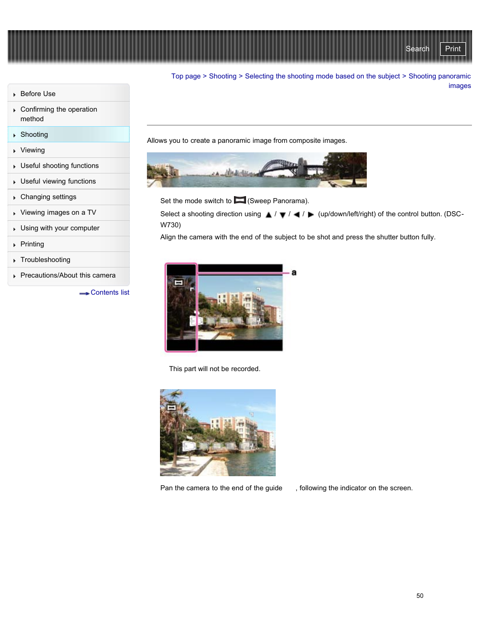 Shooting panoramic images, Cyber-shot user guide | Sony DSC-W730 User Manual | Page 57 / 201