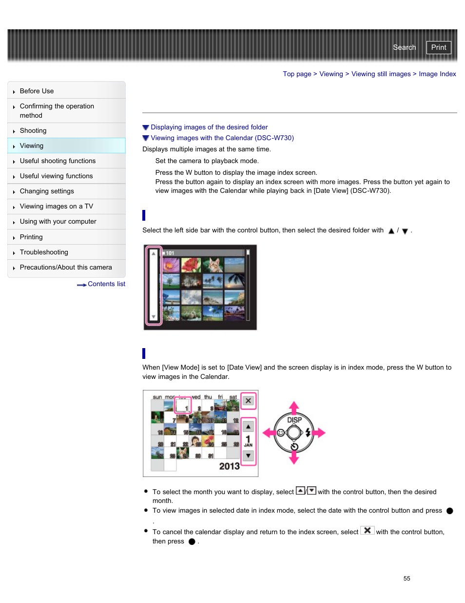 Image index, Displaying images of the desired folder, Viewing images with the calendar (dsc-w730) | Cyber-shot user guide | Sony DSC-W730 User Manual | Page 62 / 201