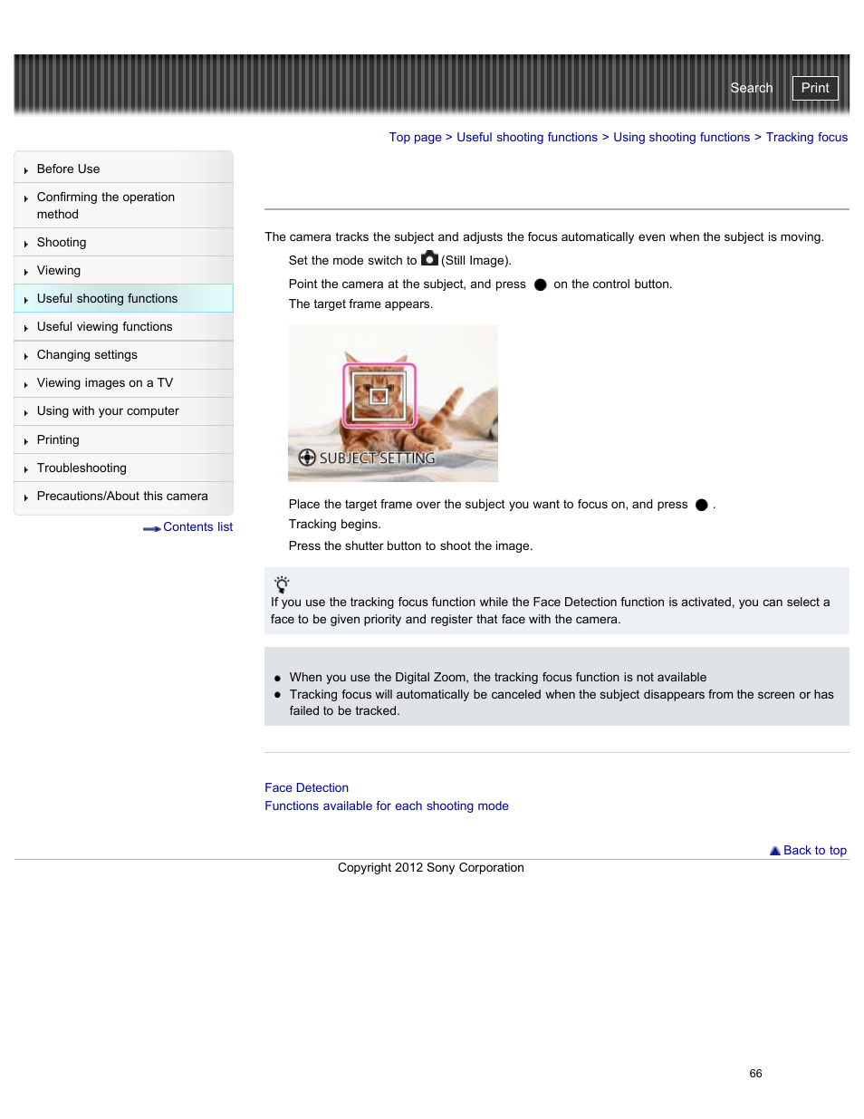Tracking focus, Cyber-shot user guide | Sony DSC-W730 User Manual | Page 73 / 201
