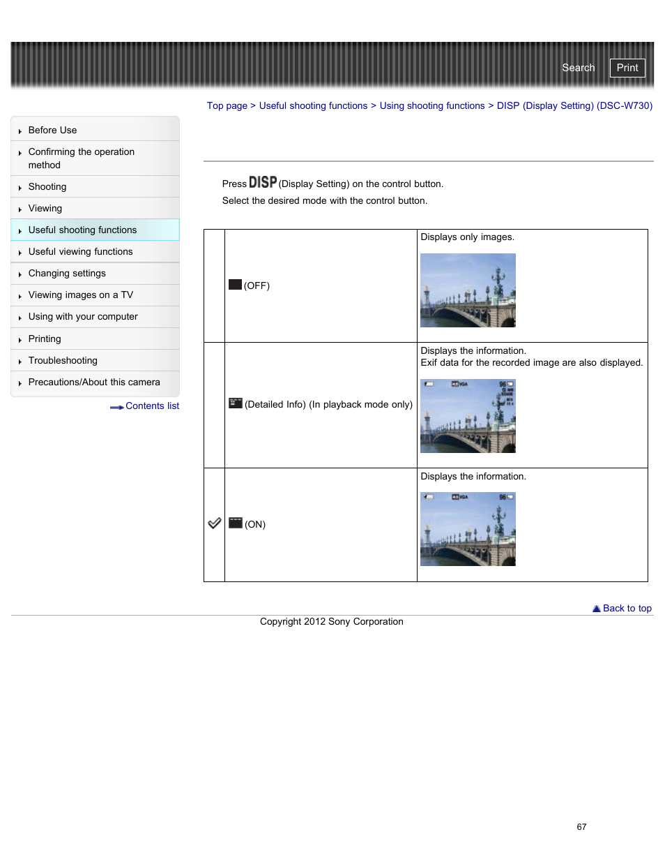 Disp (display setting) (dsc-w730), Cyber-shot user guide | Sony DSC-W730 User Manual | Page 74 / 201