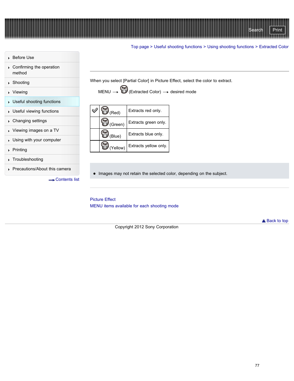 Extracted color, Cyber-shot user guide | Sony DSC-W730 User Manual | Page 84 / 201