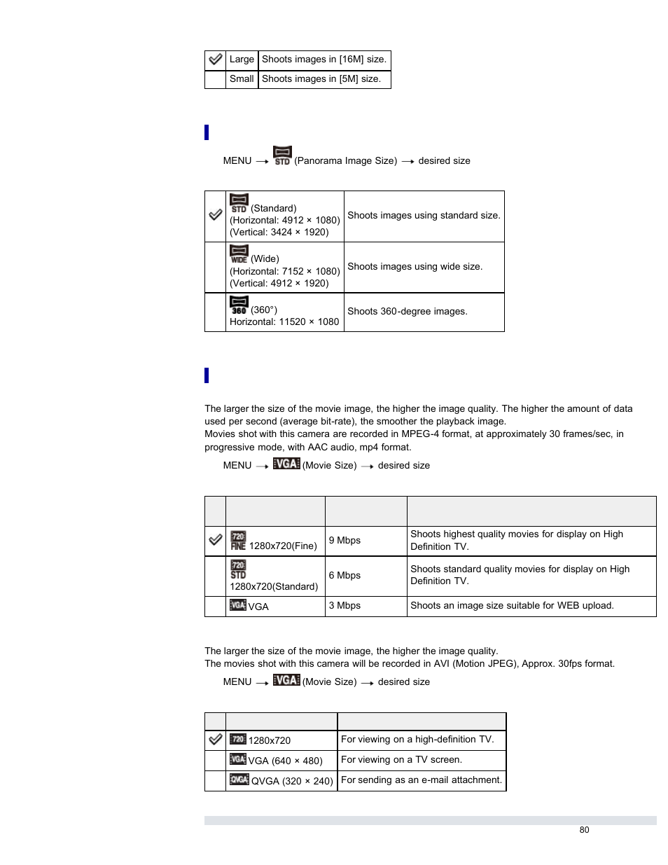 Image size when shooting sweep panorama, Image size when shooting movies | Sony DSC-W730 User Manual | Page 87 / 201