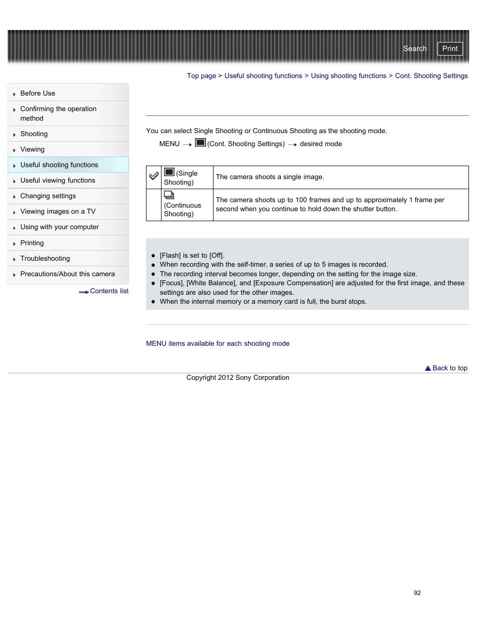 Cont. shooting settings, Cyber-shot user guide | Sony DSC-W730 User Manual | Page 99 / 201