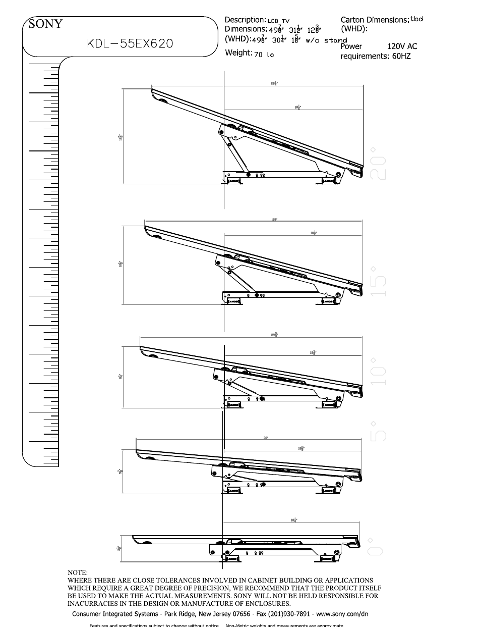 Sony, Weight: 70 ib, W/o stand | Power, 120v ac requirements: 60hz | Sony KDL-55EX620 User Manual | Page 4 / 5