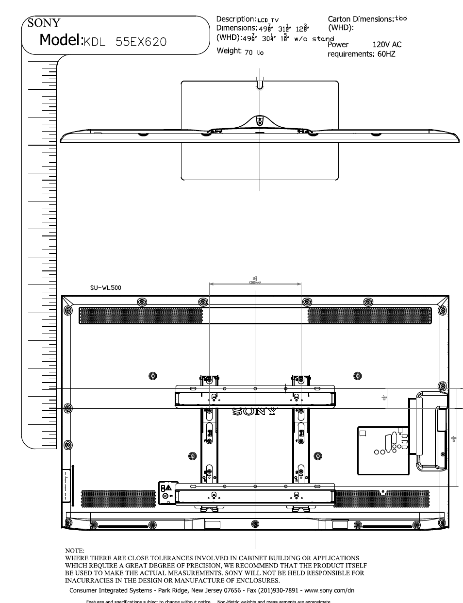 Model :kdl-55ex620, Weight: 70 ib, W/o stand | Power, 120v ac requirements: 60hz, Model | Sony KDL-55EX620 User Manual | Page 5 / 5