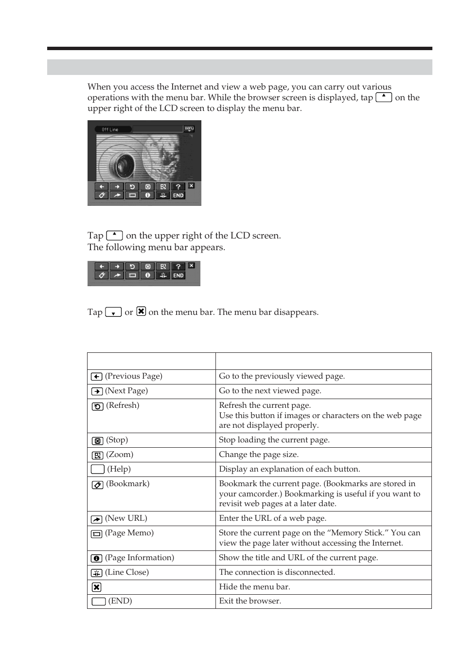 How to use the menu bar of the browser, Viewing web pages, The buttons on the menu bar | Sony DCR-TRV70 User Manual | Page 108 / 168
