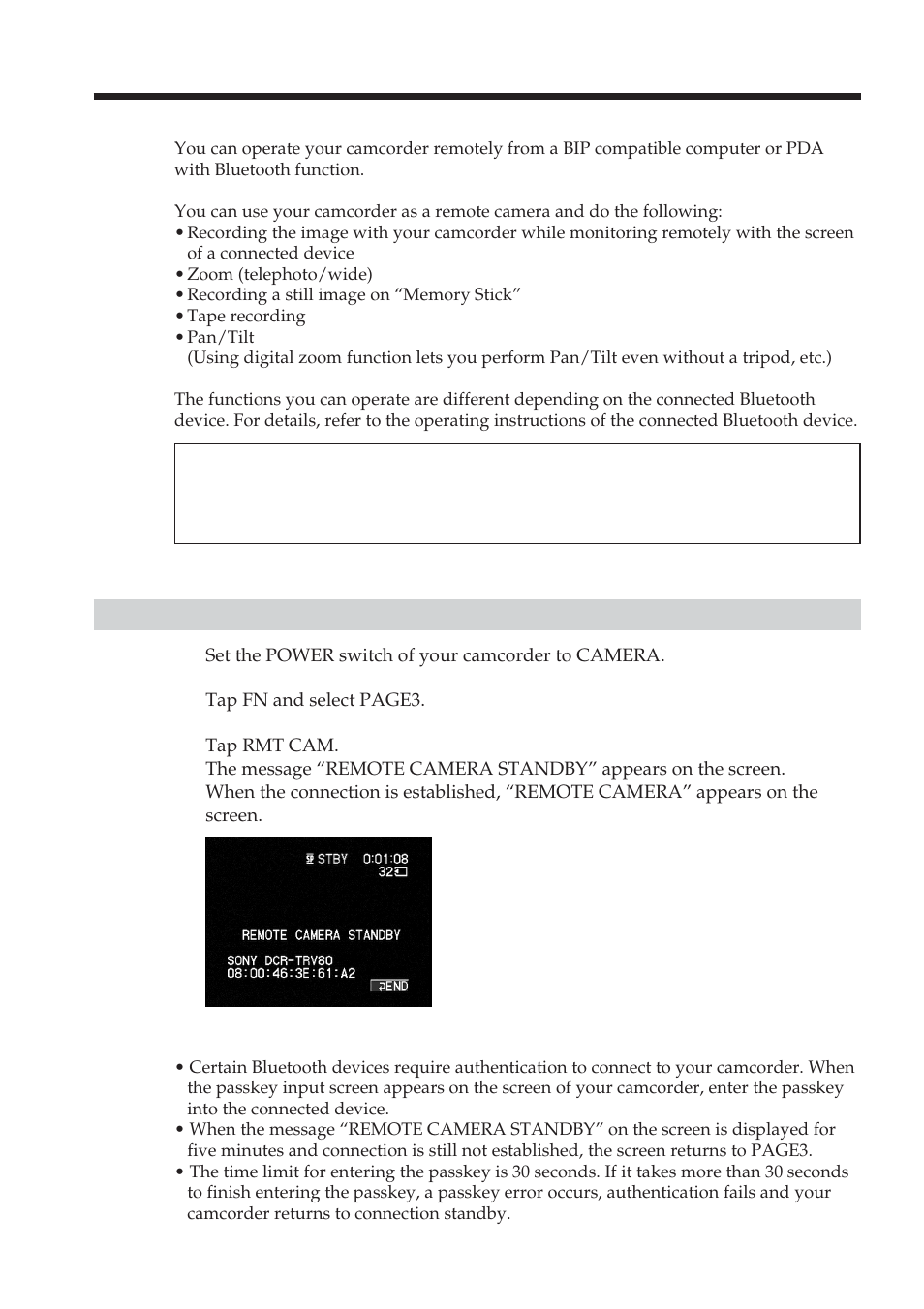 Bluetooth application operation, Using as a remote camera (dcr-trv80 only), Preparation | Using as a remote camera | Sony DCR-TRV70 User Manual | Page 120 / 168