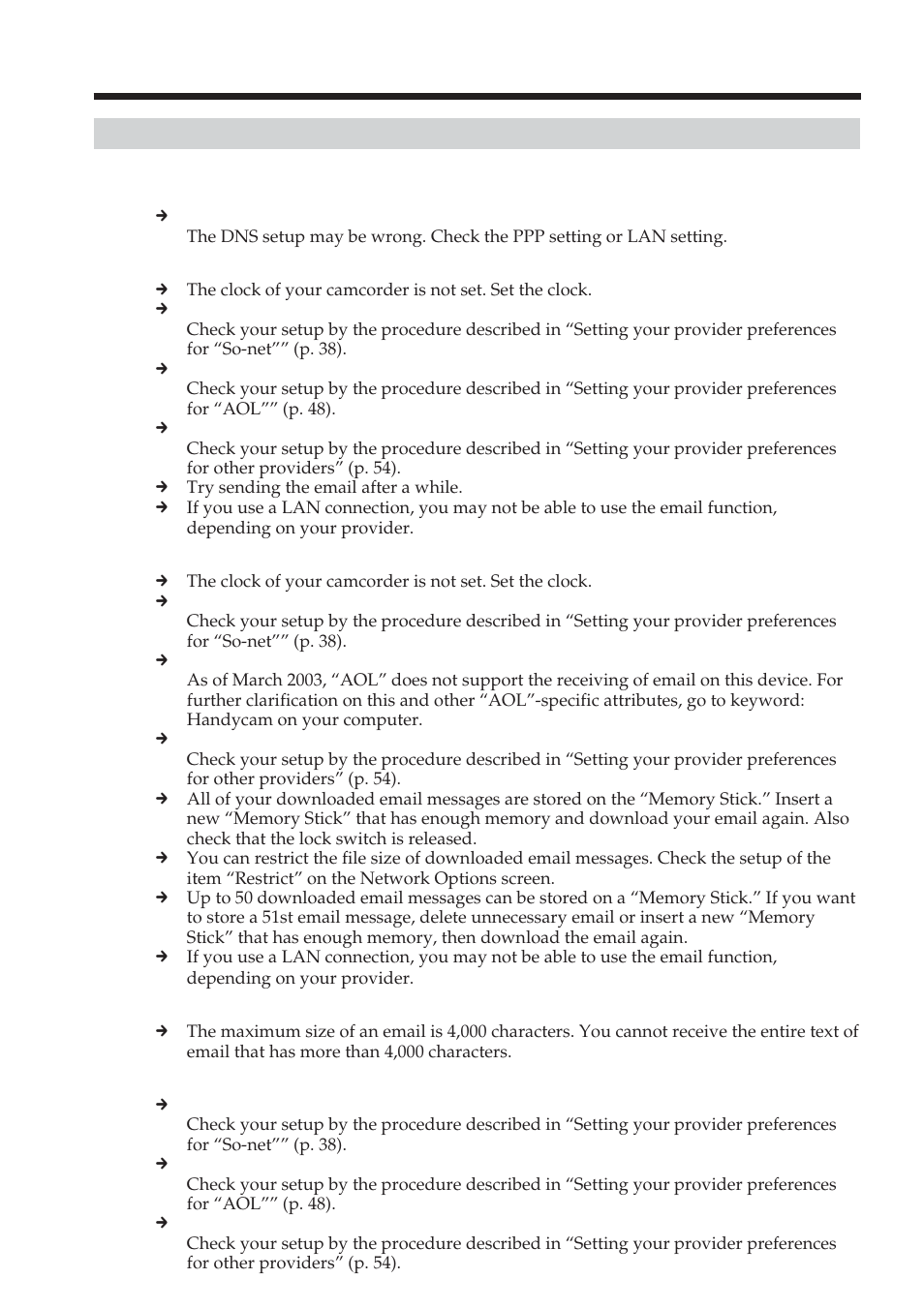 Trouble with email, Troubleshooting trouble with email | Sony DCR-TRV70 User Manual | Page 132 / 168