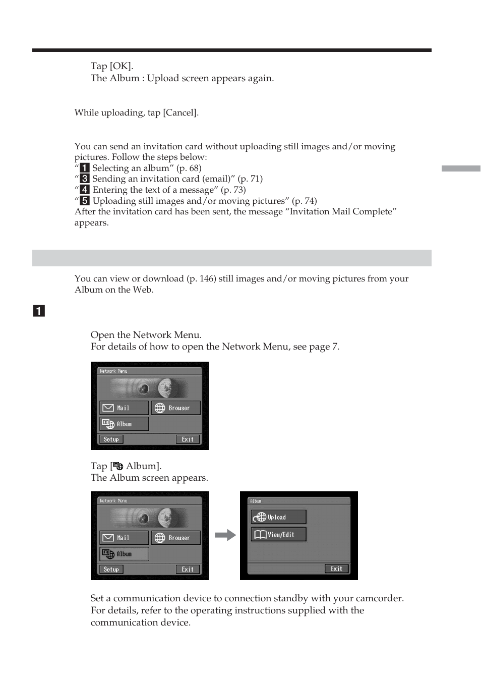 Viewing or editing your album on the web | Sony DCR-TRV70 User Manual | Page 75 / 168