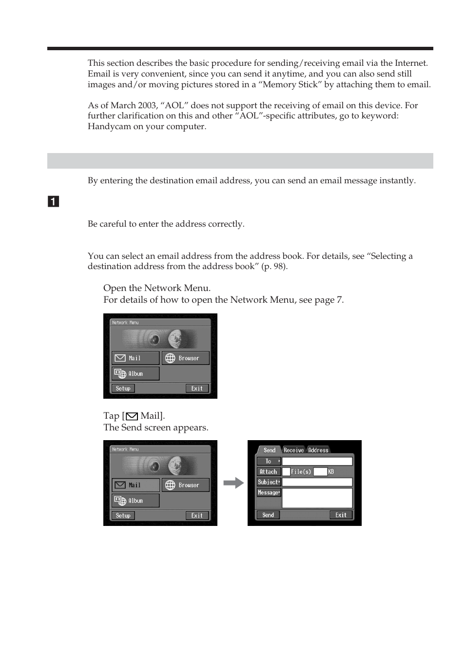 Using email, Sending email | Sony DCR-TRV70 User Manual | Page 82 / 168